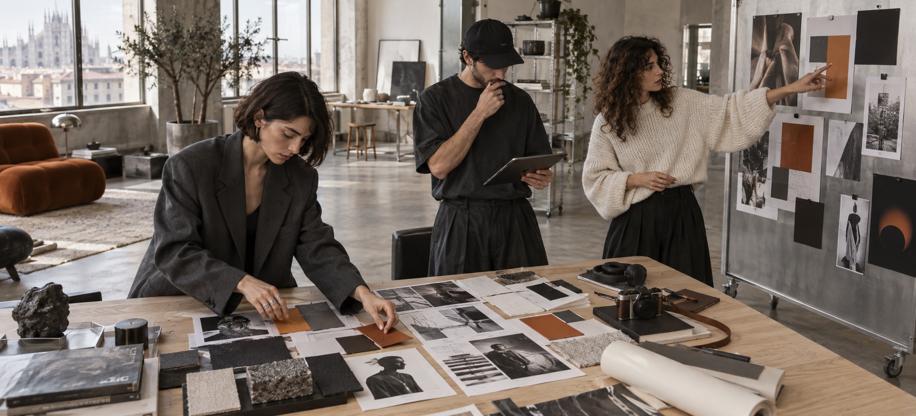 Concept di una sessione creativa: tre professionisti collaborano tra campioni colore, immagini e strumenti digitali attorno a un tavolo di legno chiaro.