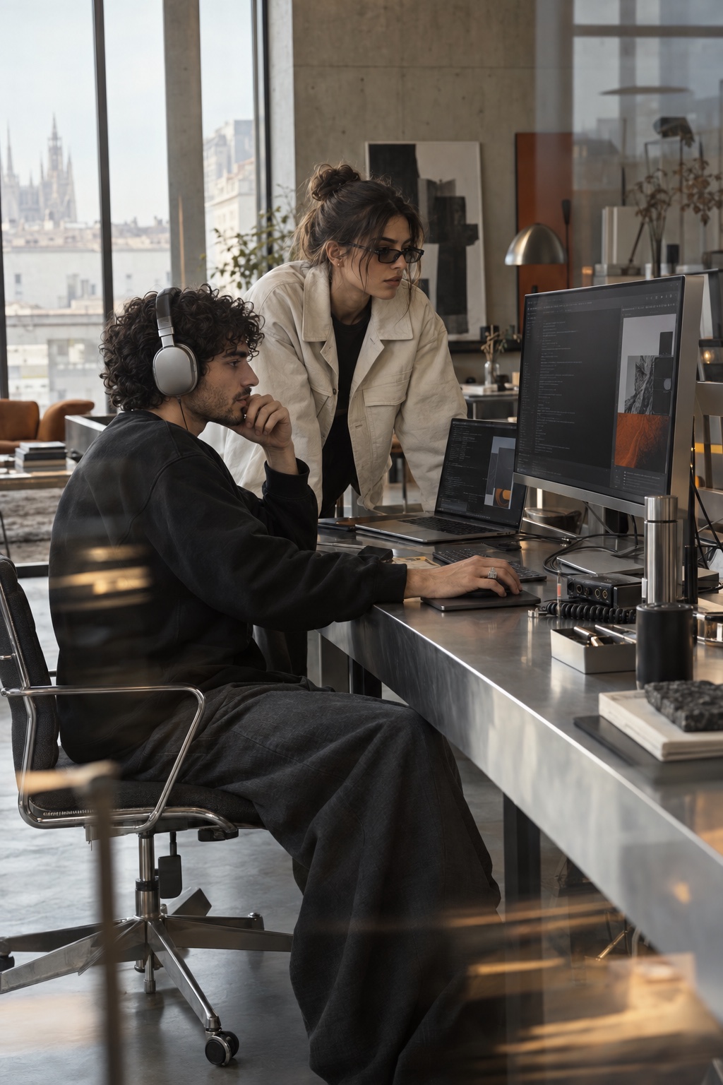 Concept di una sessione di sviluppo: due professionisti al lavoro, cuffie e strumenti digitali in uno spazio di ispirazione scandinava.