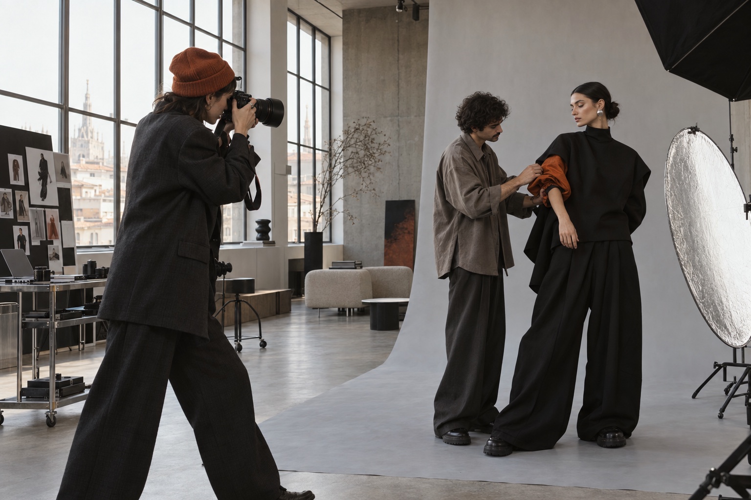 Concept di uno shooting editoriale: fotografa, stylist e modella in uno studio essenziale, con abiti oversize e dettagli color rame.
